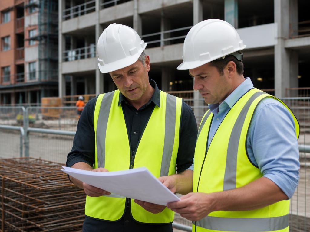 Site supervisors reviewing plans on a commercial construction site