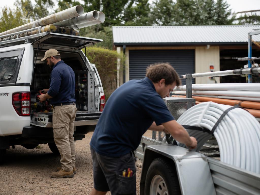 Tradespeople preparing tools and equipment in a workshop